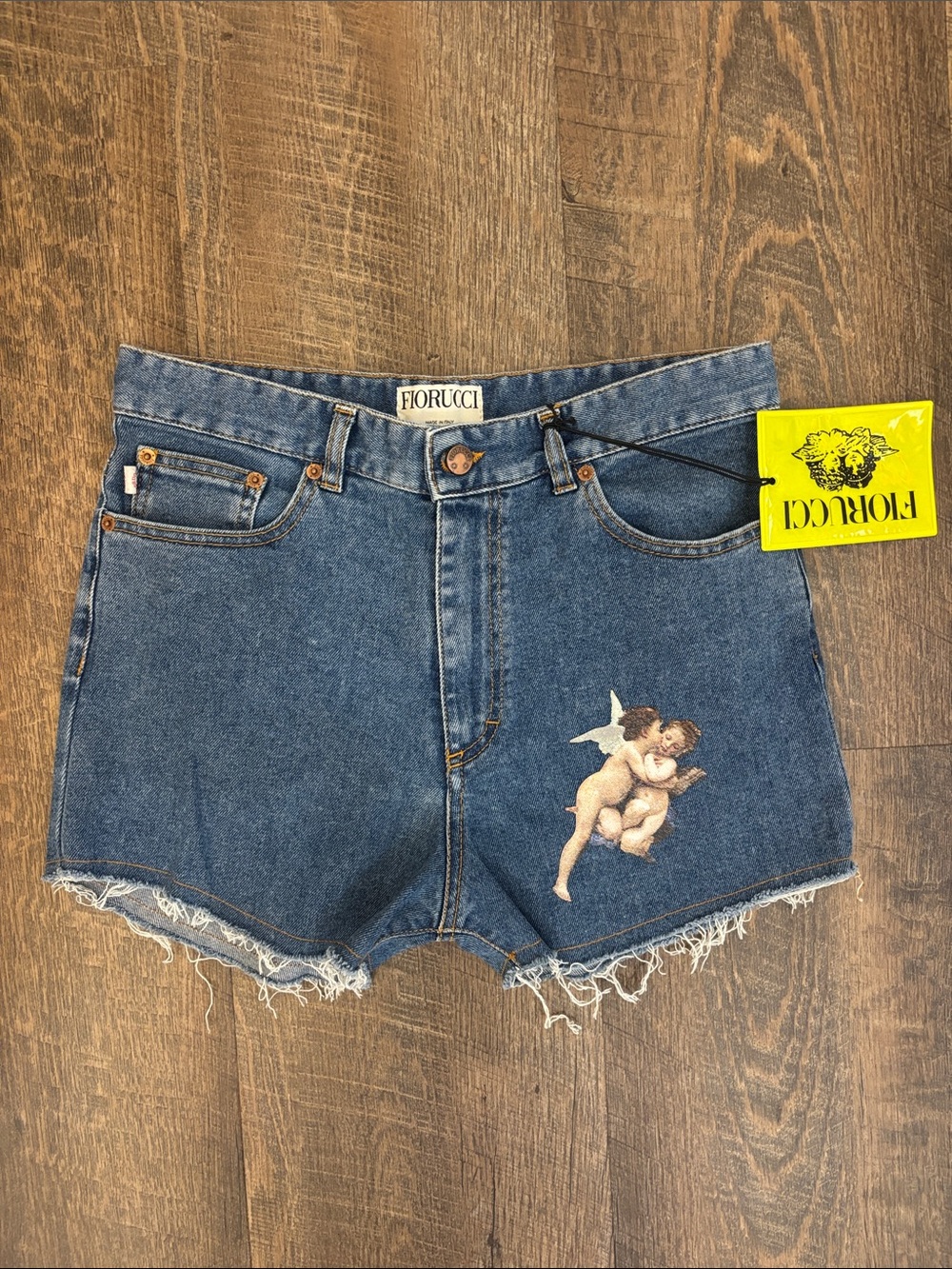 Fiorucci Medium Blue Denim Angel Patch Cutoff Shorts